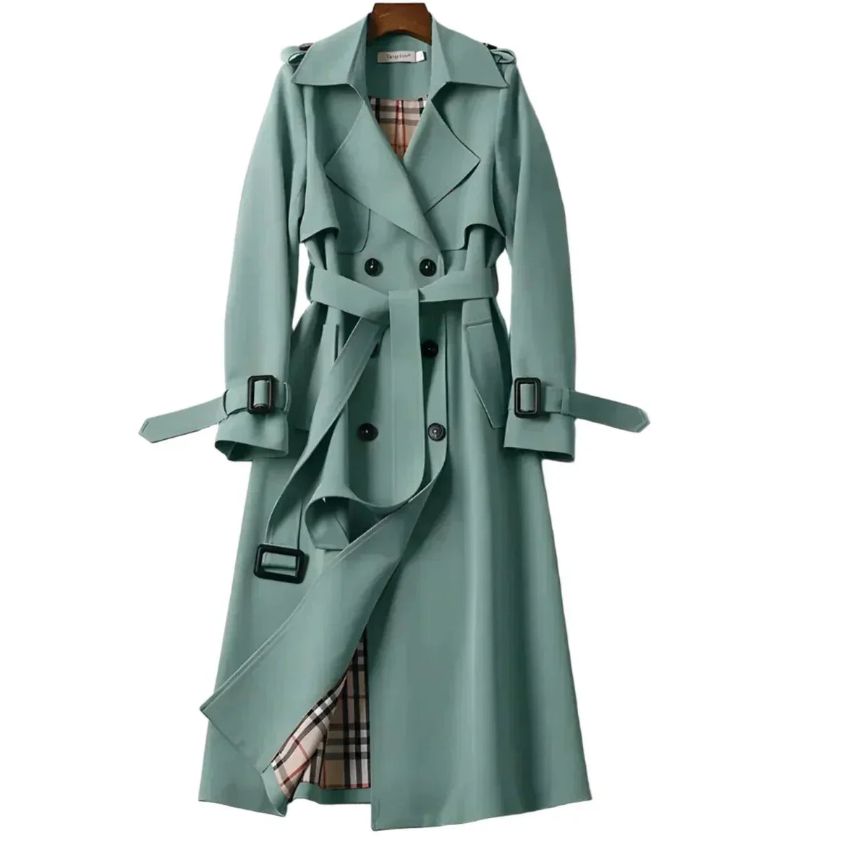 Women's long double-breasted belted trench coat with shoulder tabs and cuff buckles