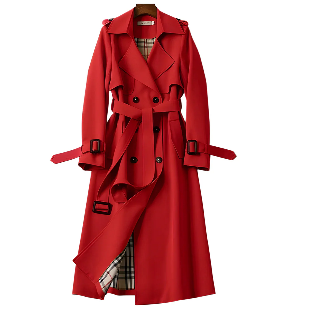 Women's long double-breasted belted trench coat with shoulder tabs and cuff buckles