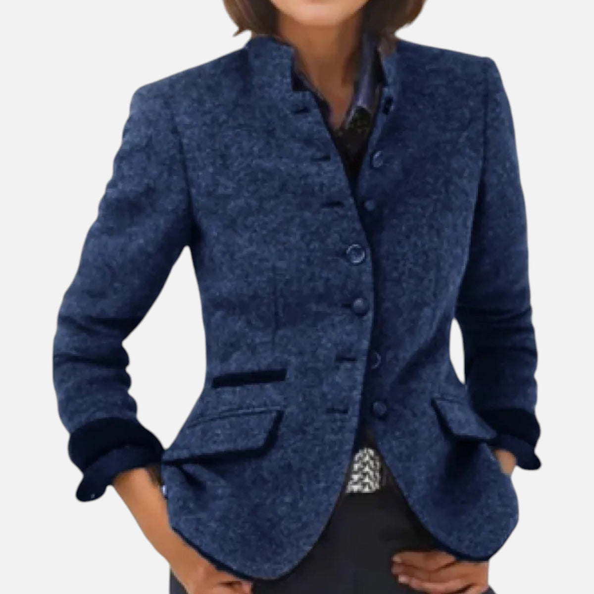 Women's tailored button-front coat jacket with stand collar and flap pockets