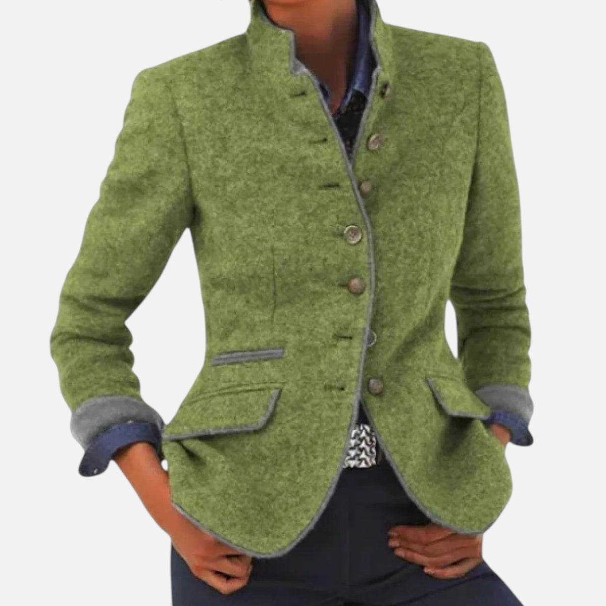 Women's tailored button-front coat jacket with stand collar and flap pockets