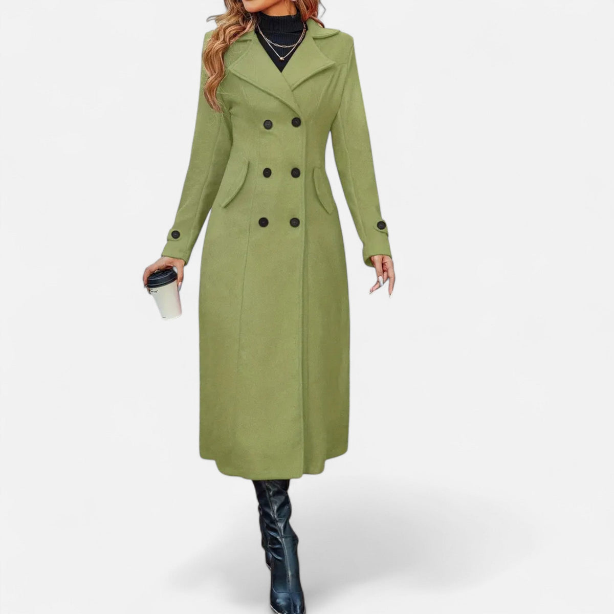 Women's long double-breasted coat with notched lapels and long sleeves
