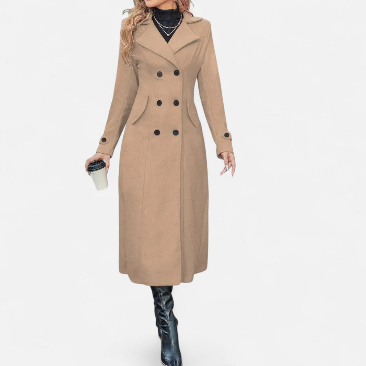 Women's long double-breasted coat with notched lapels and long sleeves