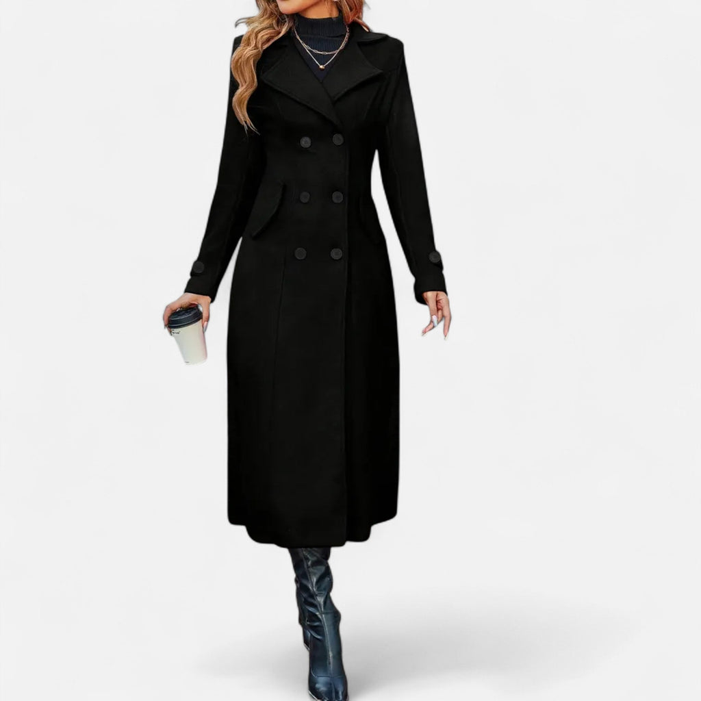 Women's long double-breasted coat with notched lapels and long sleeves