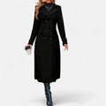 Women's long double-breasted coat with notched lapels and long sleeves