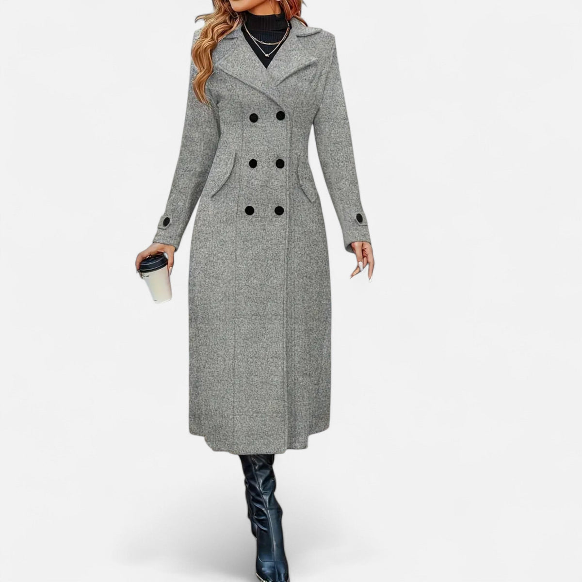 Women's long double-breasted coat with notched lapels and long sleeves