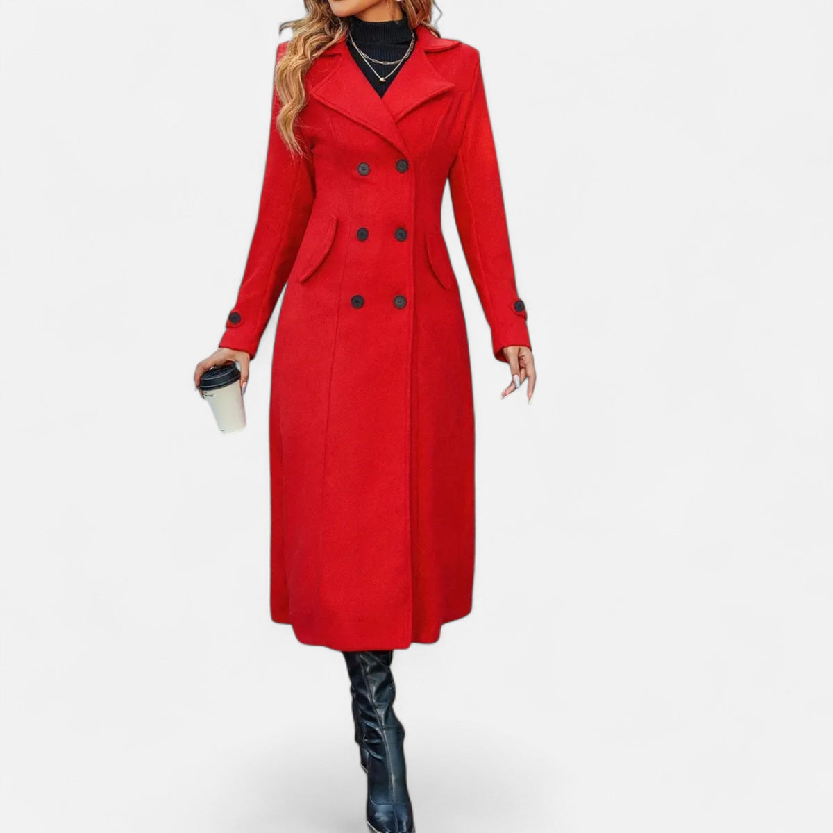 Women's long double-breasted coat with notched lapels and long sleeves