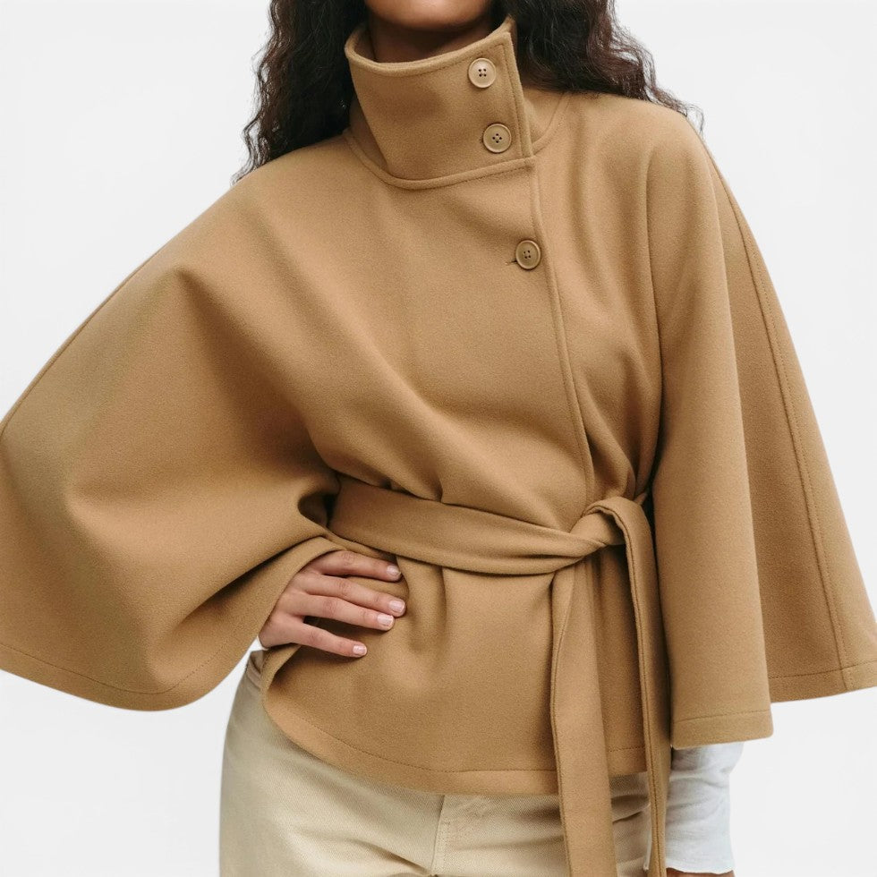 Women's poncho cape coat with stand collar, button front and tie belt