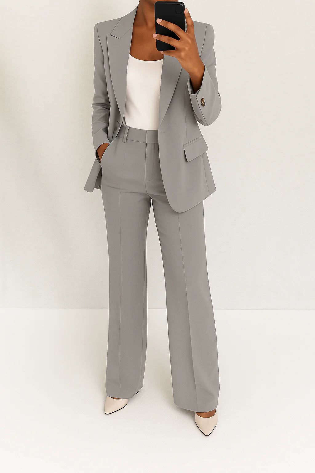 Women's two-piece trouser suit set with tailored blazer and full-length trousers