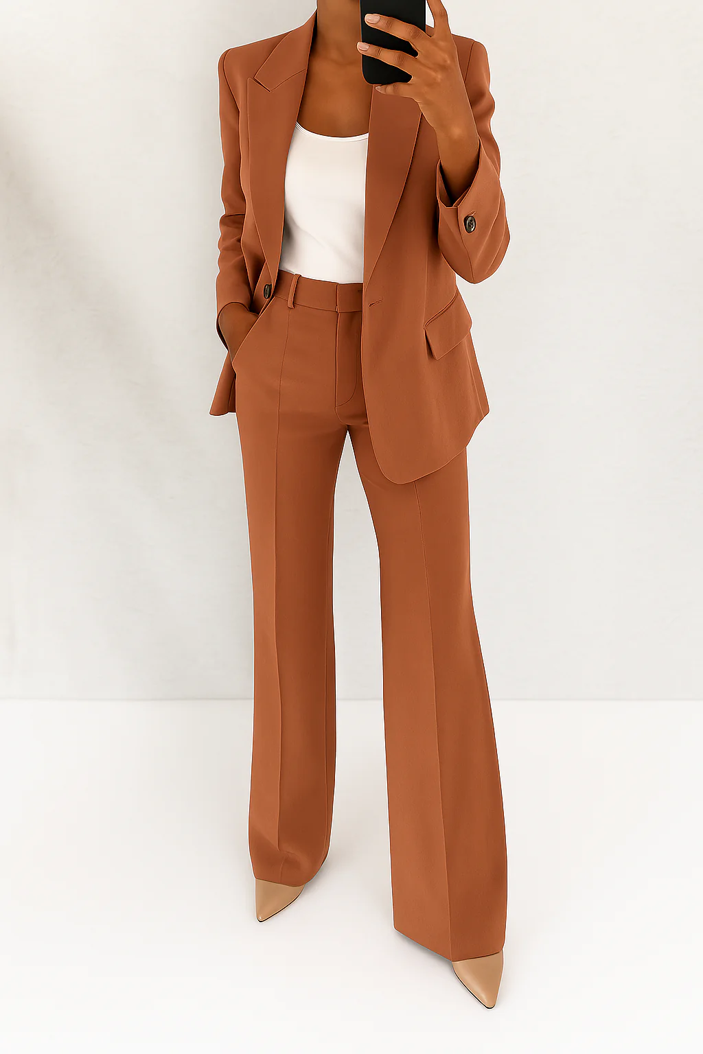 Women's two-piece trouser suit set with tailored blazer and full-length trousers