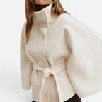 Women's poncho cape coat with stand collar, button front and tie belt