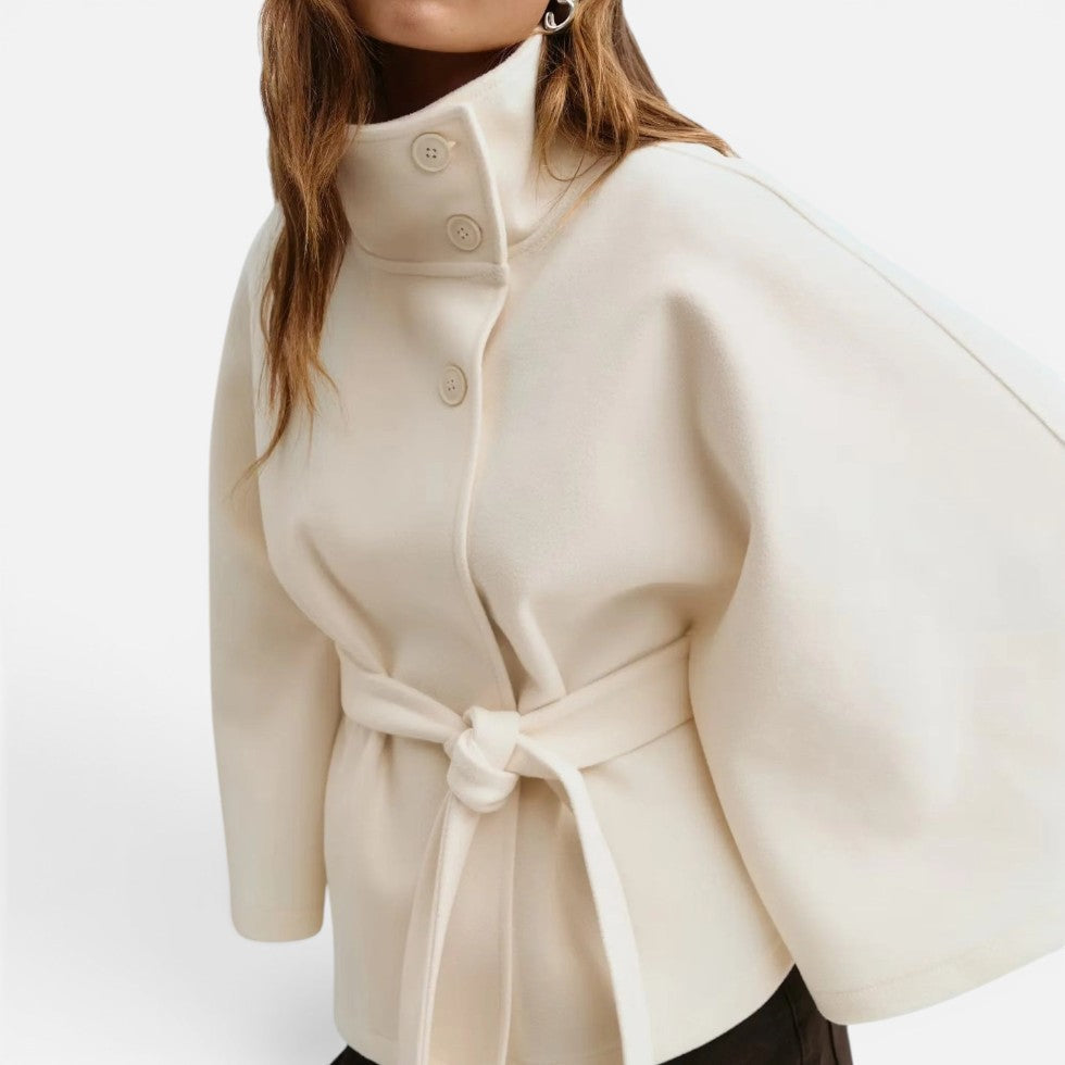 Women's poncho cape coat with stand collar, button front and tie belt