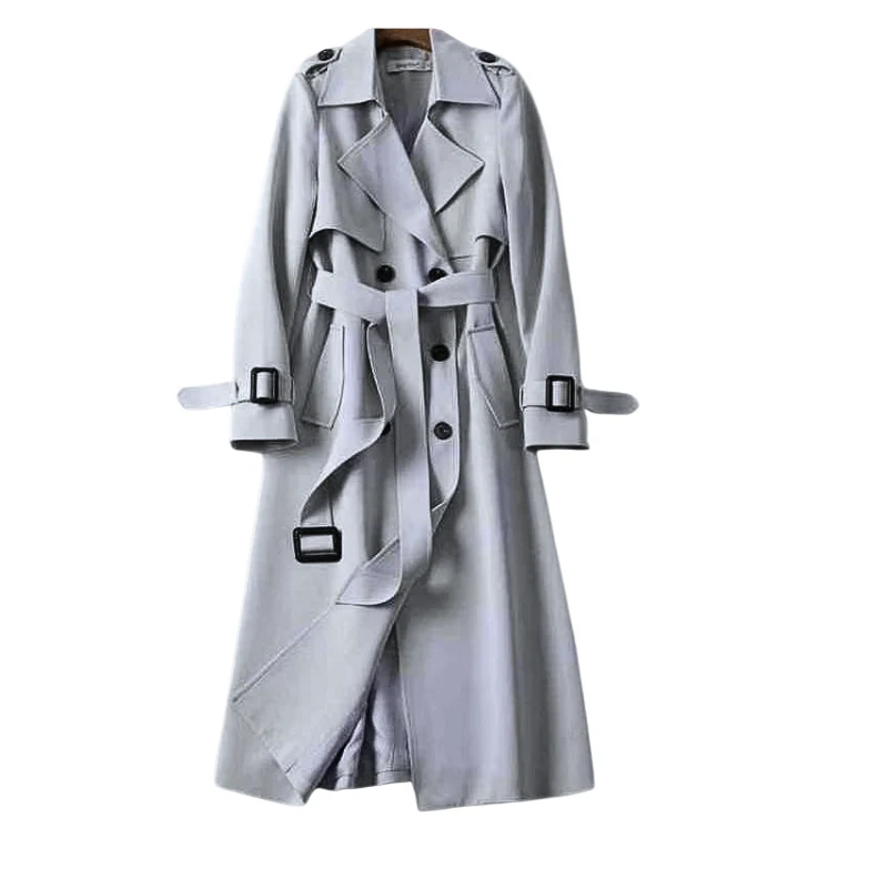 Women's long double-breasted belted trench coat with shoulder tabs and cuff buckles