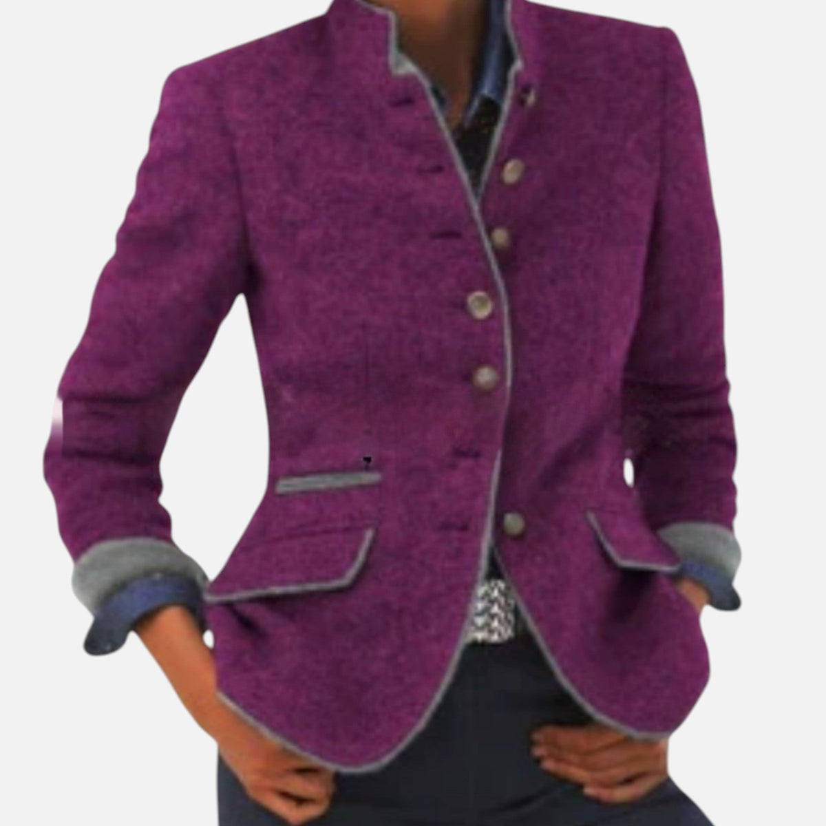 Women's tailored button-front coat jacket with stand collar and flap pockets