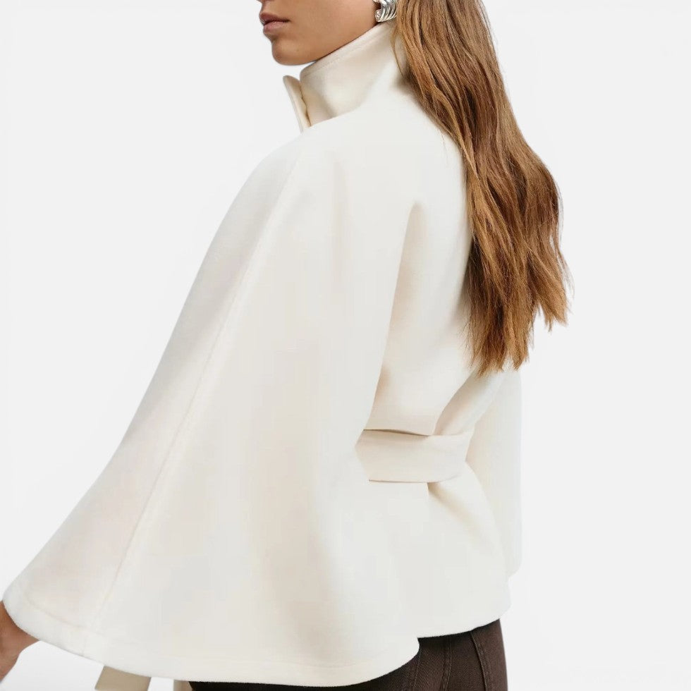 Women's poncho cape coat with stand collar, button front and tie belt