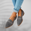 Women's pointed-toe loafer shoes with vamp strap and low heel