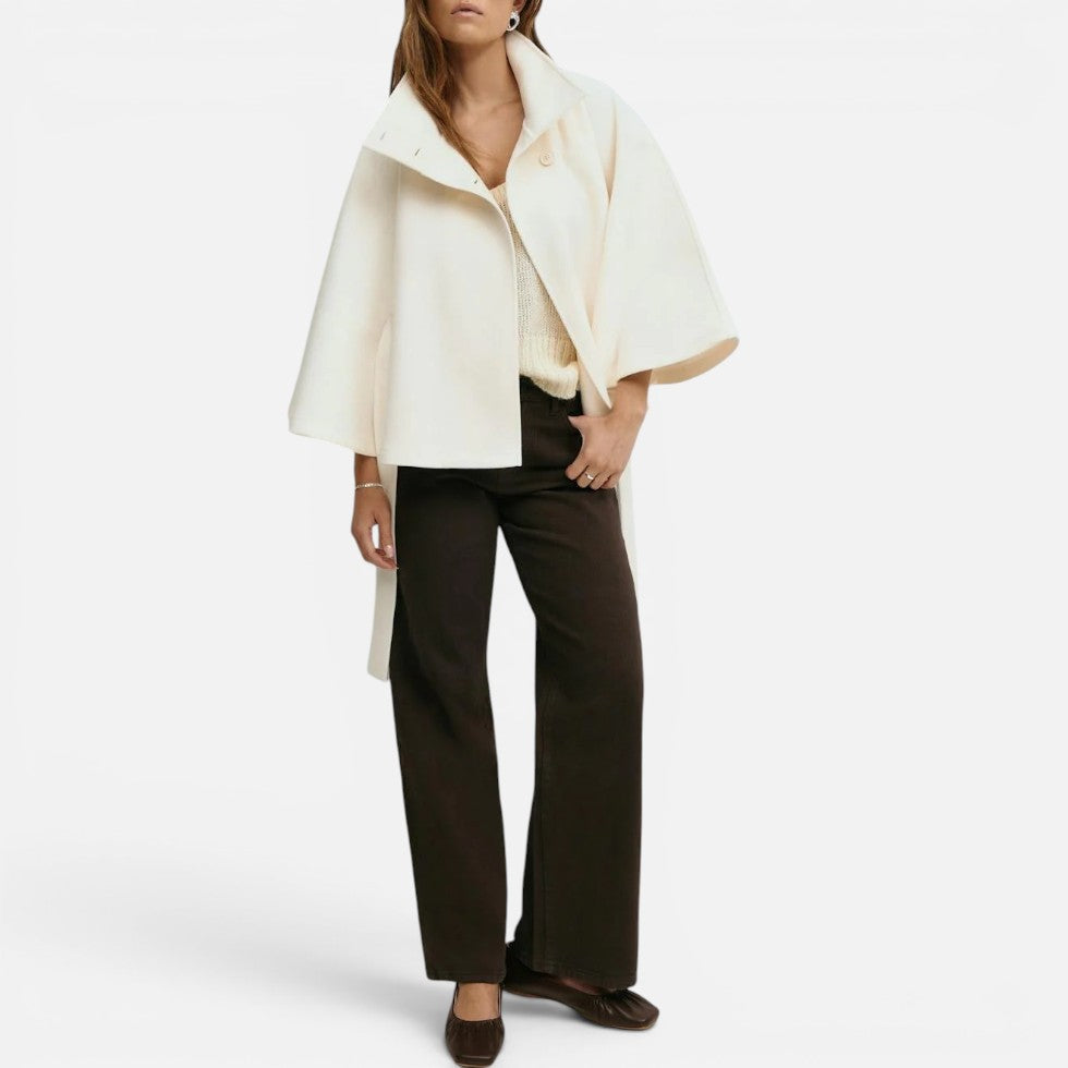 Women's poncho cape coat with stand collar, button front and tie belt