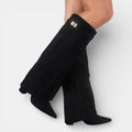Women's knee high boots with pointed toes, block heels, side zips and buckle details