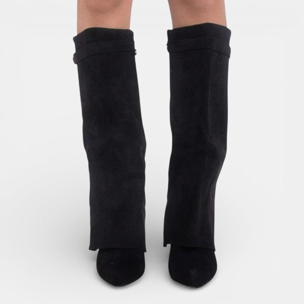 Women's knee high boots with pointed toes, block heels, side zips and buckle details