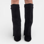 Women's knee high boots with pointed toes, block heels, side zips and buckle details
