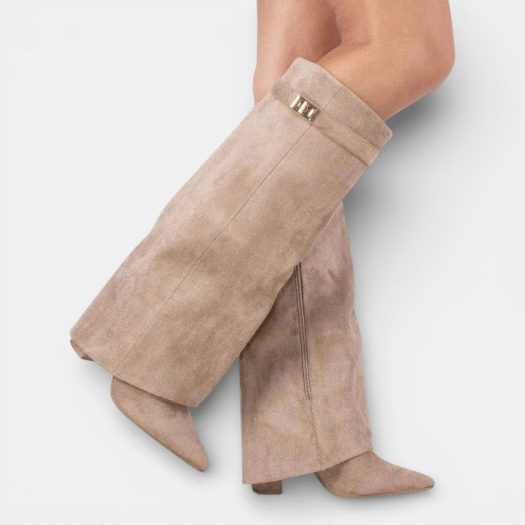 Women's knee high boots with pointed toes, block heels, side zips and buckle details