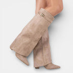 Women's knee high boots with pointed toes, block heels, side zips and buckle details