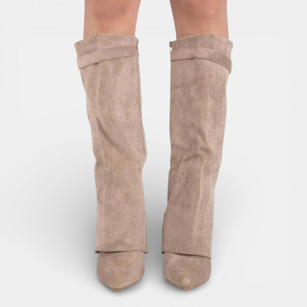 Women's knee high boots with pointed toes, block heels, side zips and buckle details