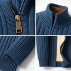 Ribbed zip cardigan with high collar and long sleeves