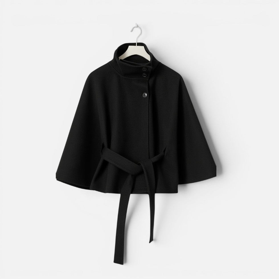 Women's poncho cape coat with stand collar, button front and tie belt