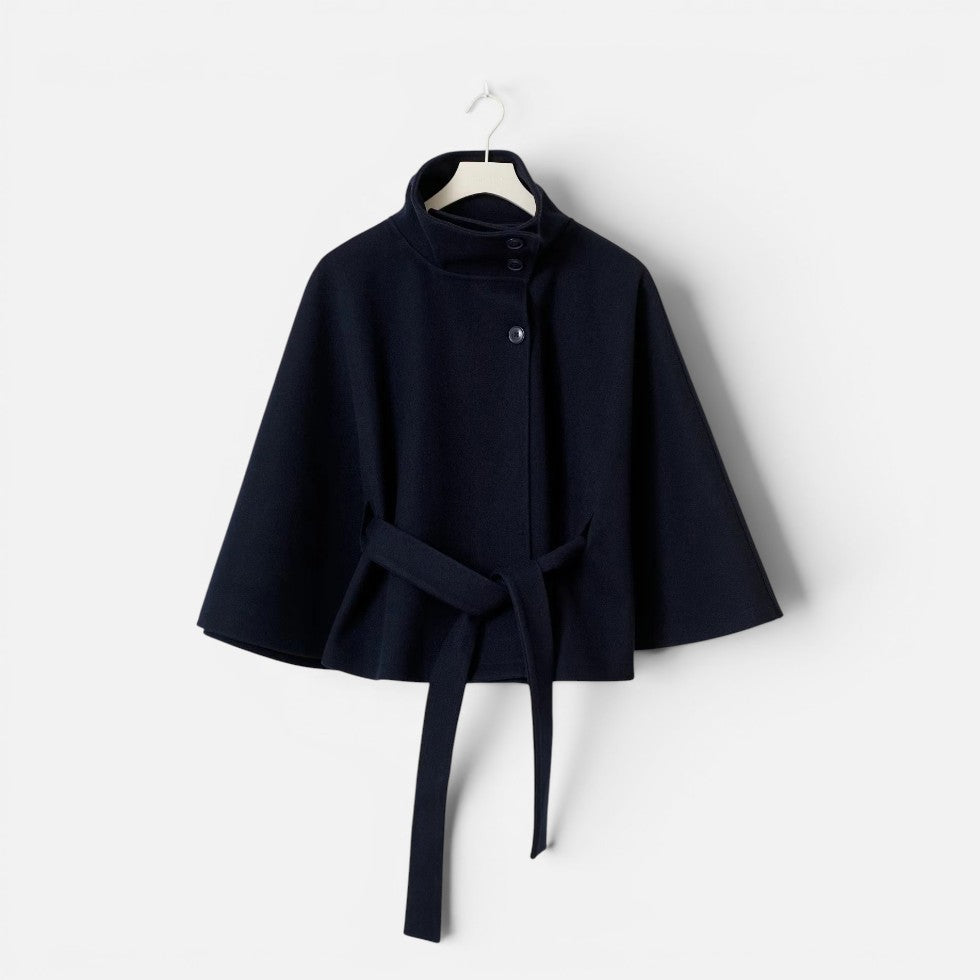 Women's poncho cape coat with stand collar, button front and tie belt