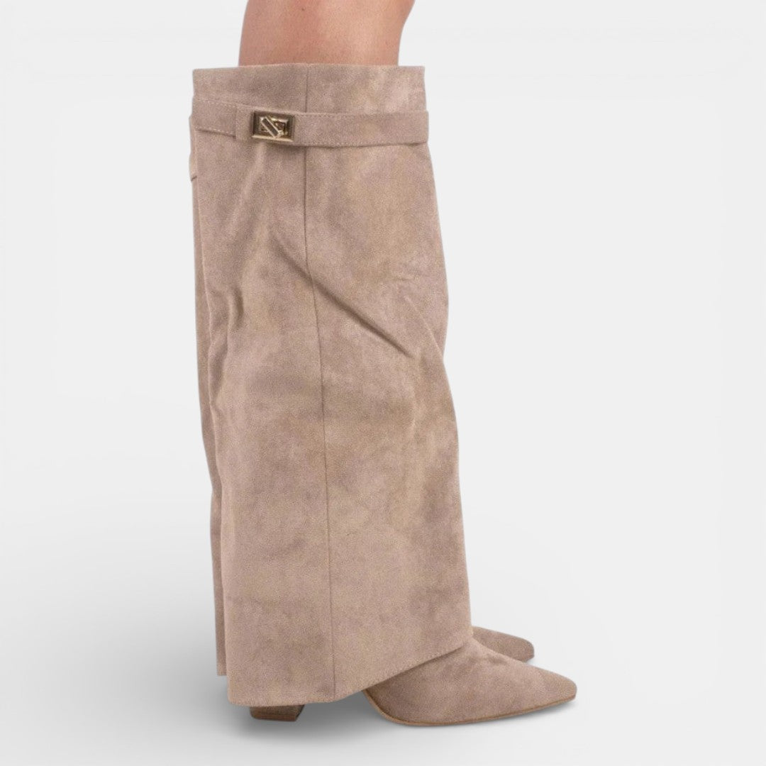 Women's knee high boots with pointed toes, block heels, side zips and buckle details