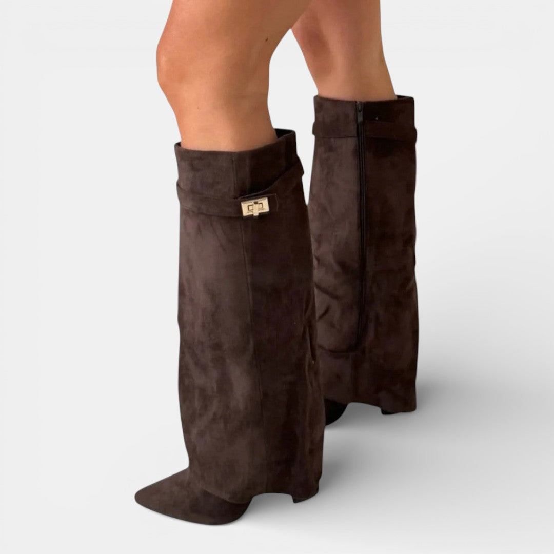 Women's knee high boots with pointed toes, block heels, side zips and buckle details