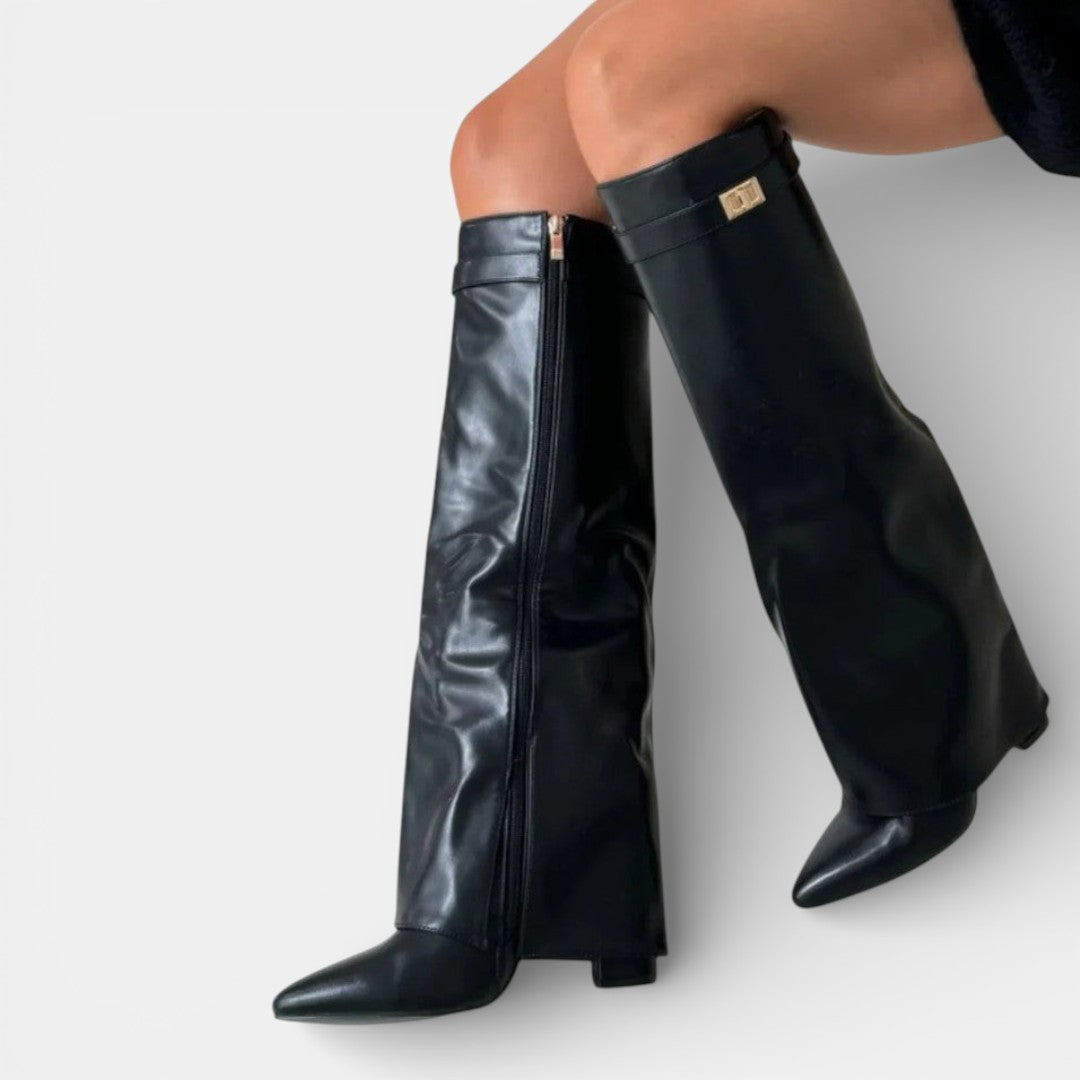 Women's knee high boots with pointed toes, block heels, side zips and buckle details