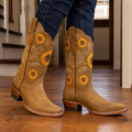 Women's western cowboy boots with sunflower embroidery and mid heels