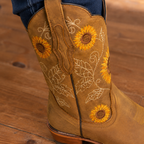 Women's western cowboy boots with sunflower embroidery and mid heels