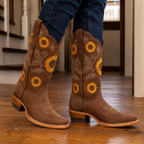 Women's western cowboy boots with sunflower embroidery and mid heels