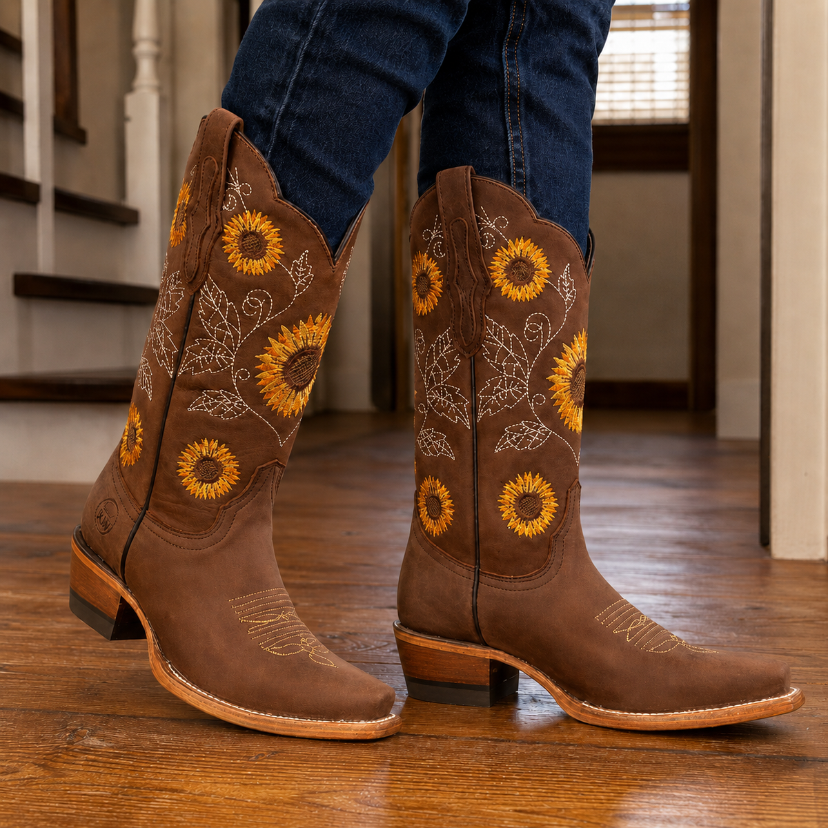 Women's western cowboy boots with sunflower embroidery and mid heels