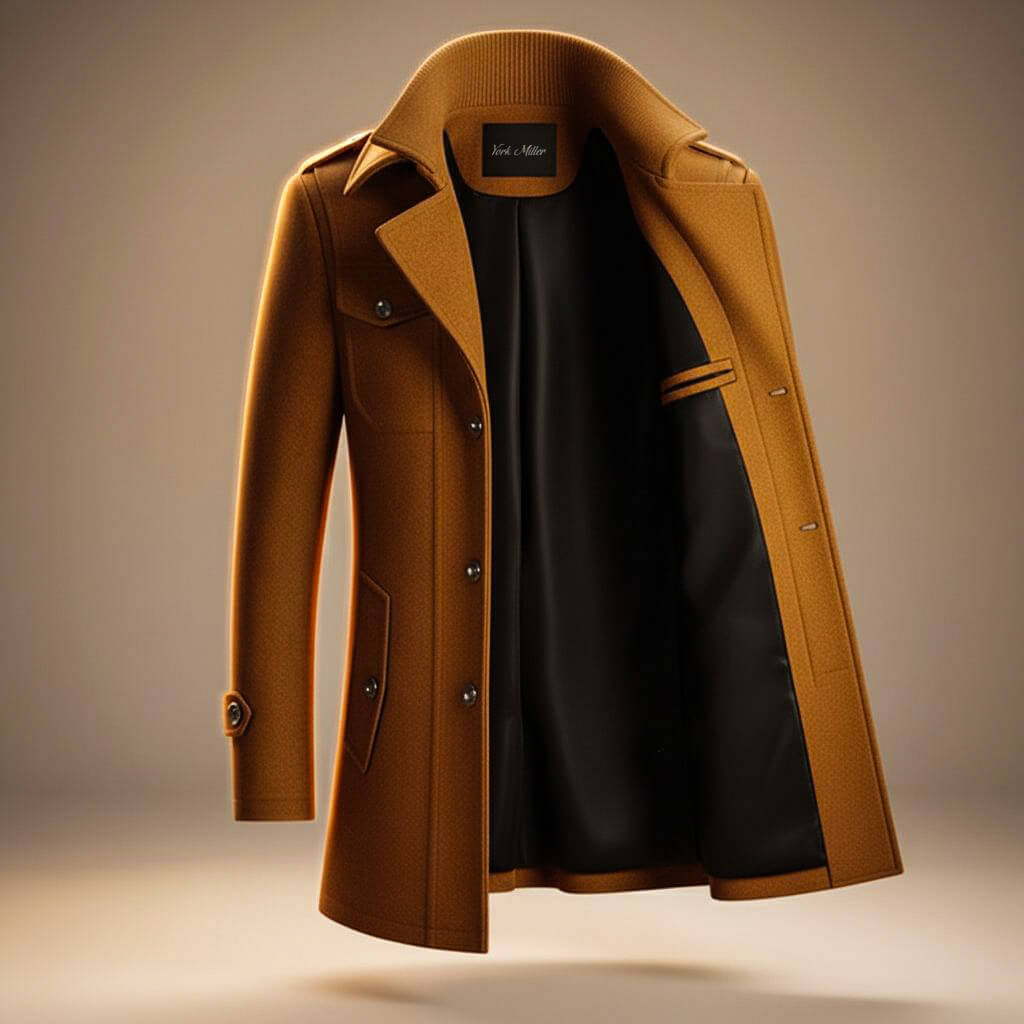 Men's long structured coat with high collar, lapels, buttons and multiple pockets