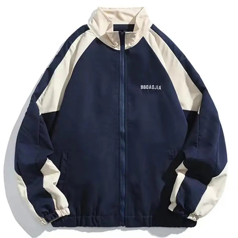 Unisex colour block windbreaker jacket with stand collar and zip fastening