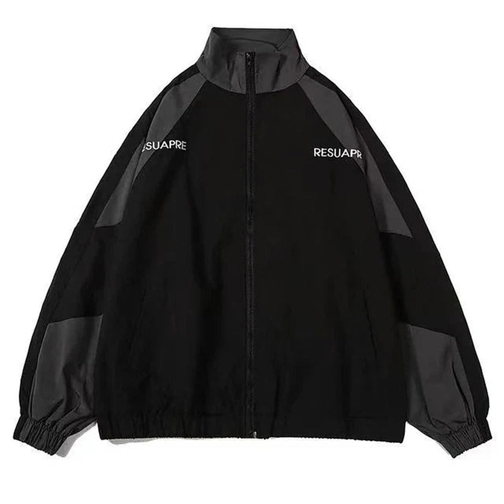 Unisex colour block windbreaker jacket with stand collar and zip fastening