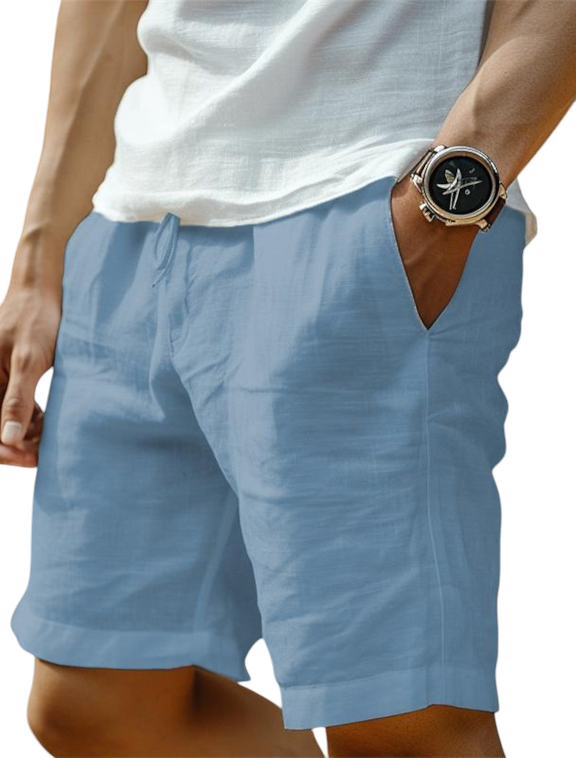 Men's plain casual shorts with drawstring waist and side pockets