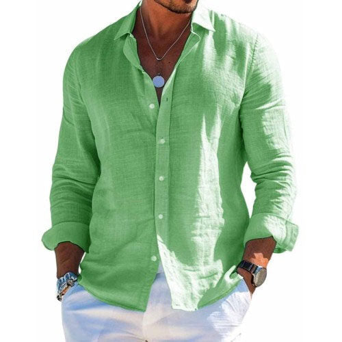 Men's plain long-sleeve button-front shirt with open collar