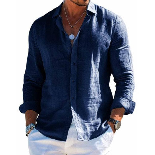 Men's plain long-sleeve button-front shirt with open collar