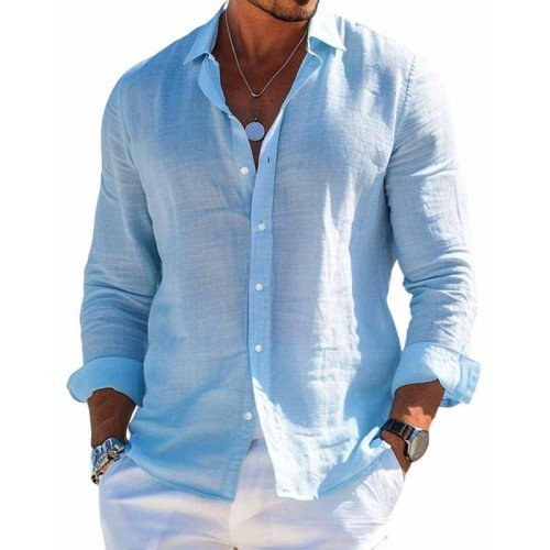 Men's plain long-sleeve button-front shirt with open collar
