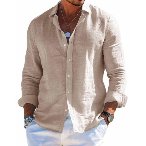 Men's plain long-sleeve button-front shirt with open collar
