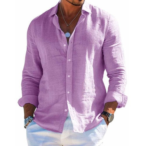 Men's plain long-sleeve button-front shirt with open collar