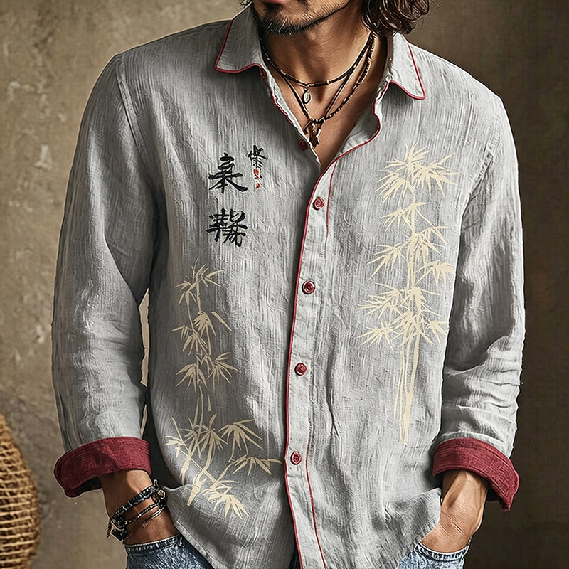 Men's long-sleeved shirt with bamboo and calligraphy print, contrast trim and button front