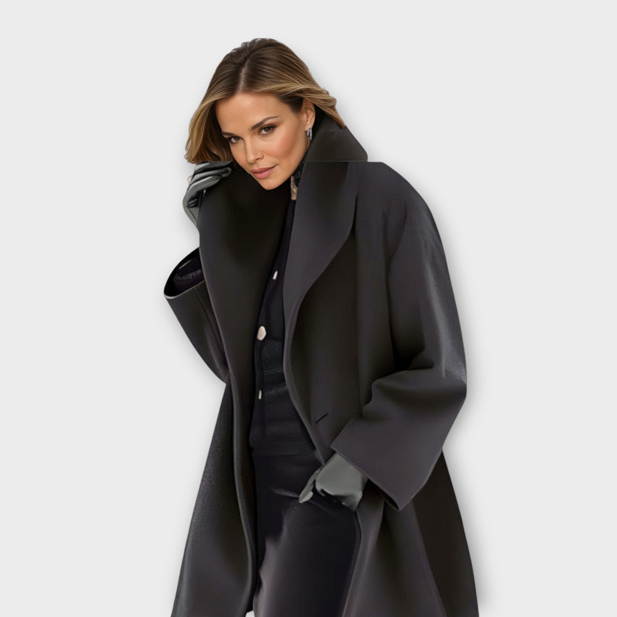 Women's long open-front coat with wide lapels and long sleeves