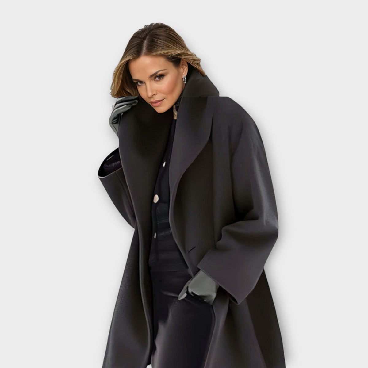 Women's long open-front jacket with wide collar and long sleeves