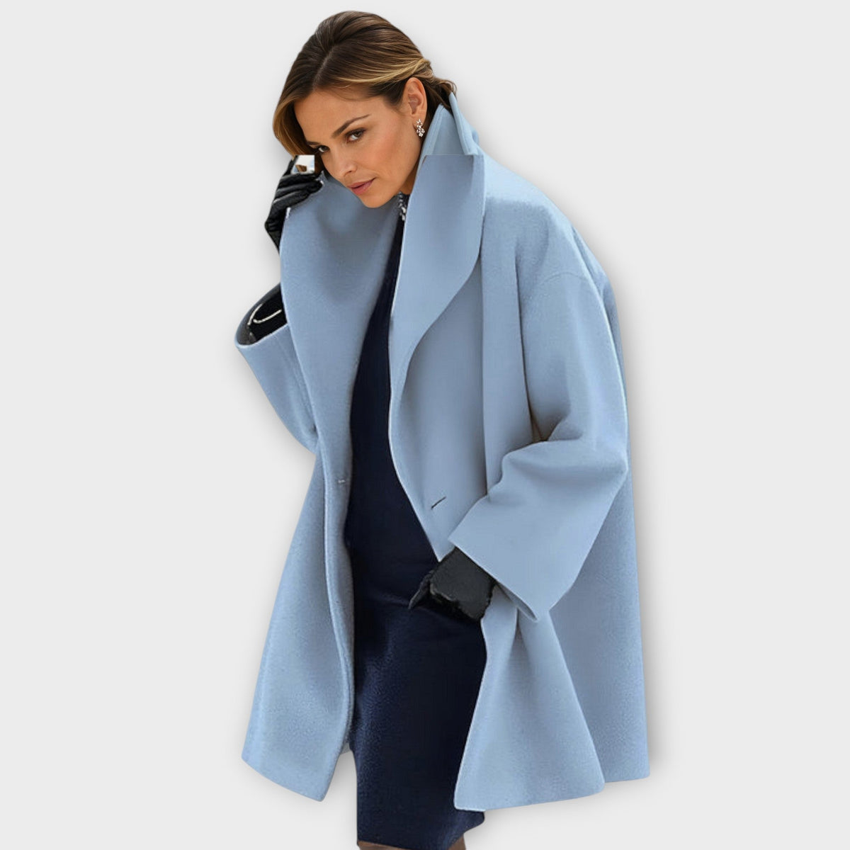 Women's long open-front coat with wide lapels and long sleeves