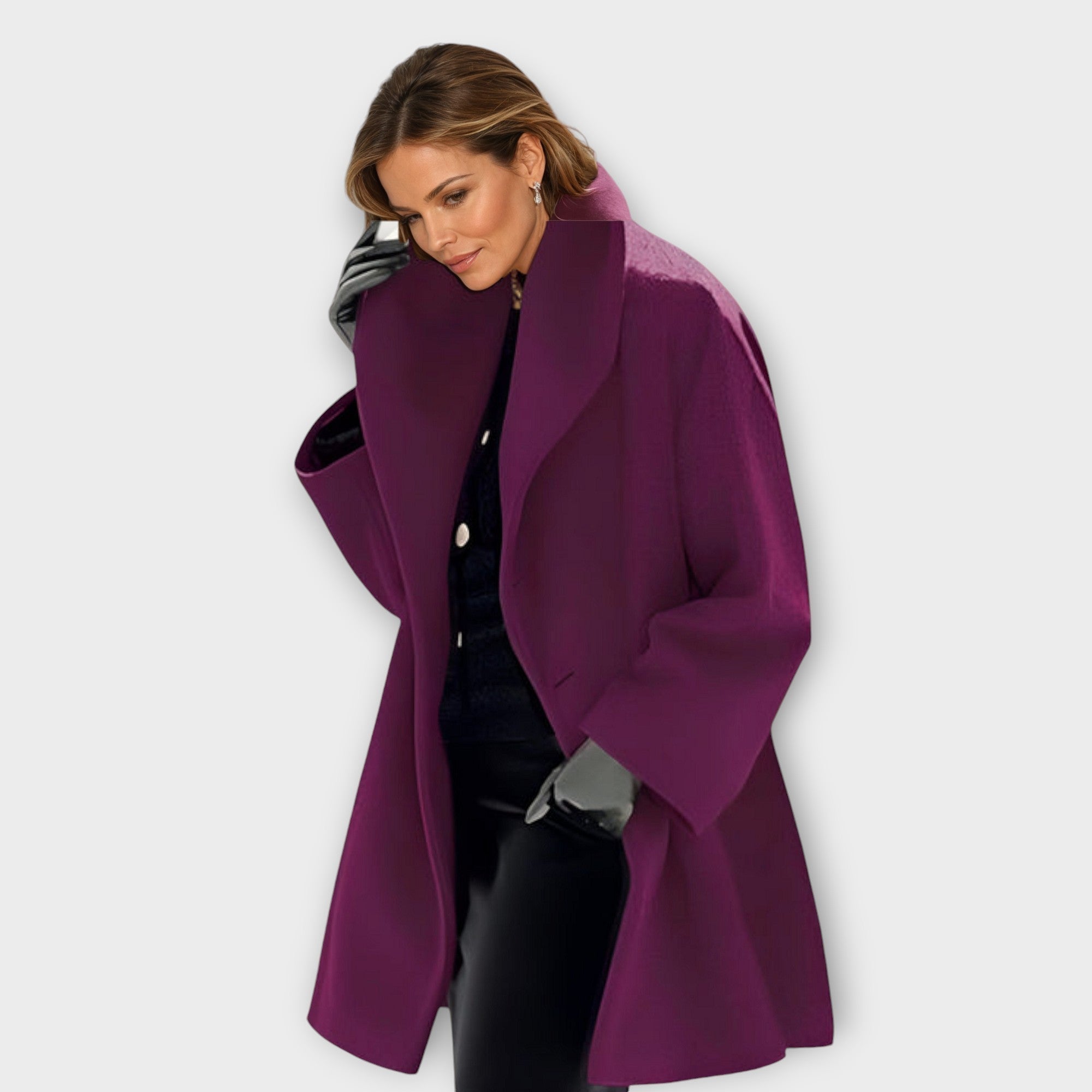 Women's long open-front coat with wide lapels and long sleeves